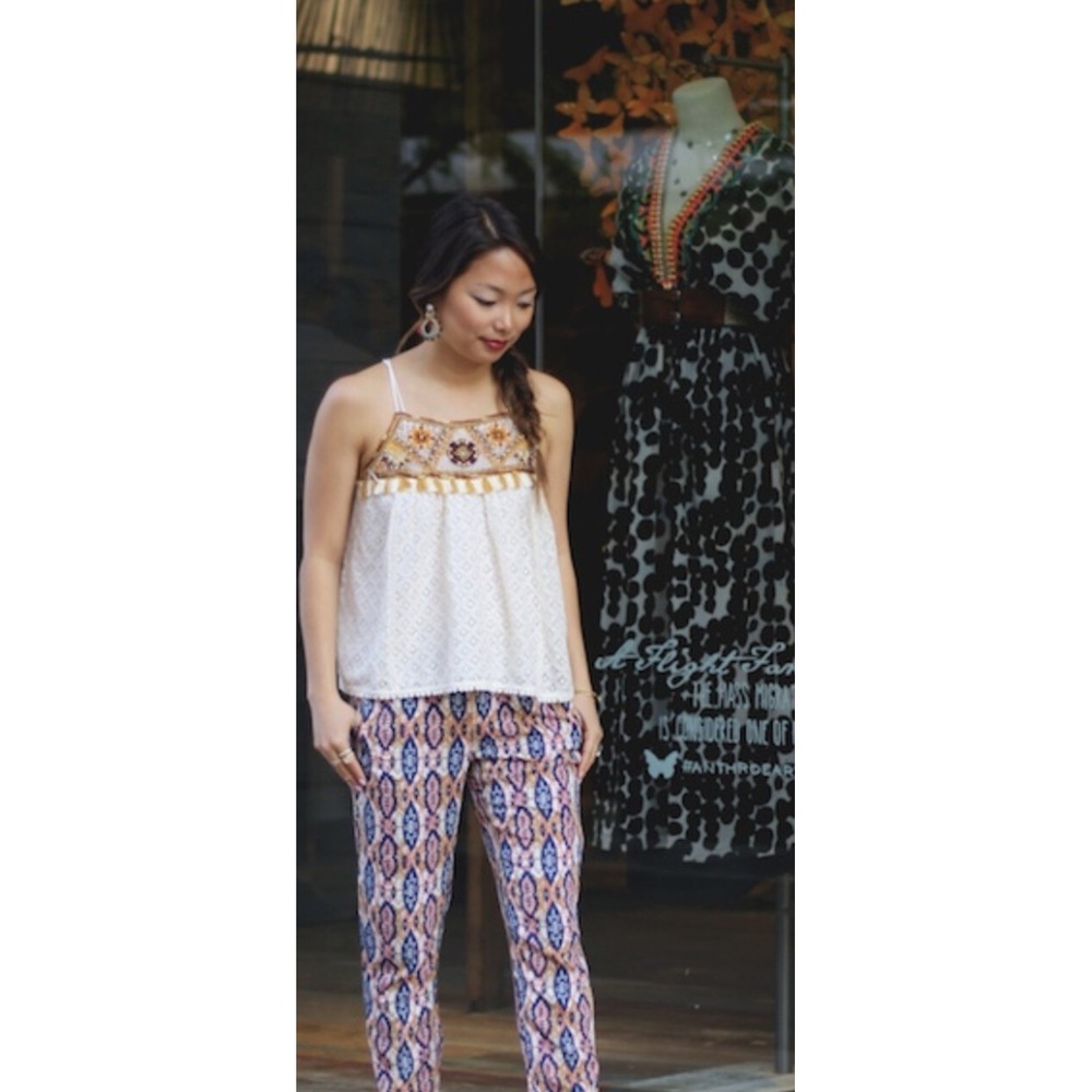 Anthropologie HD in Paris Cream Tikal Embroidered Tassel Tank Top size 2 Xs